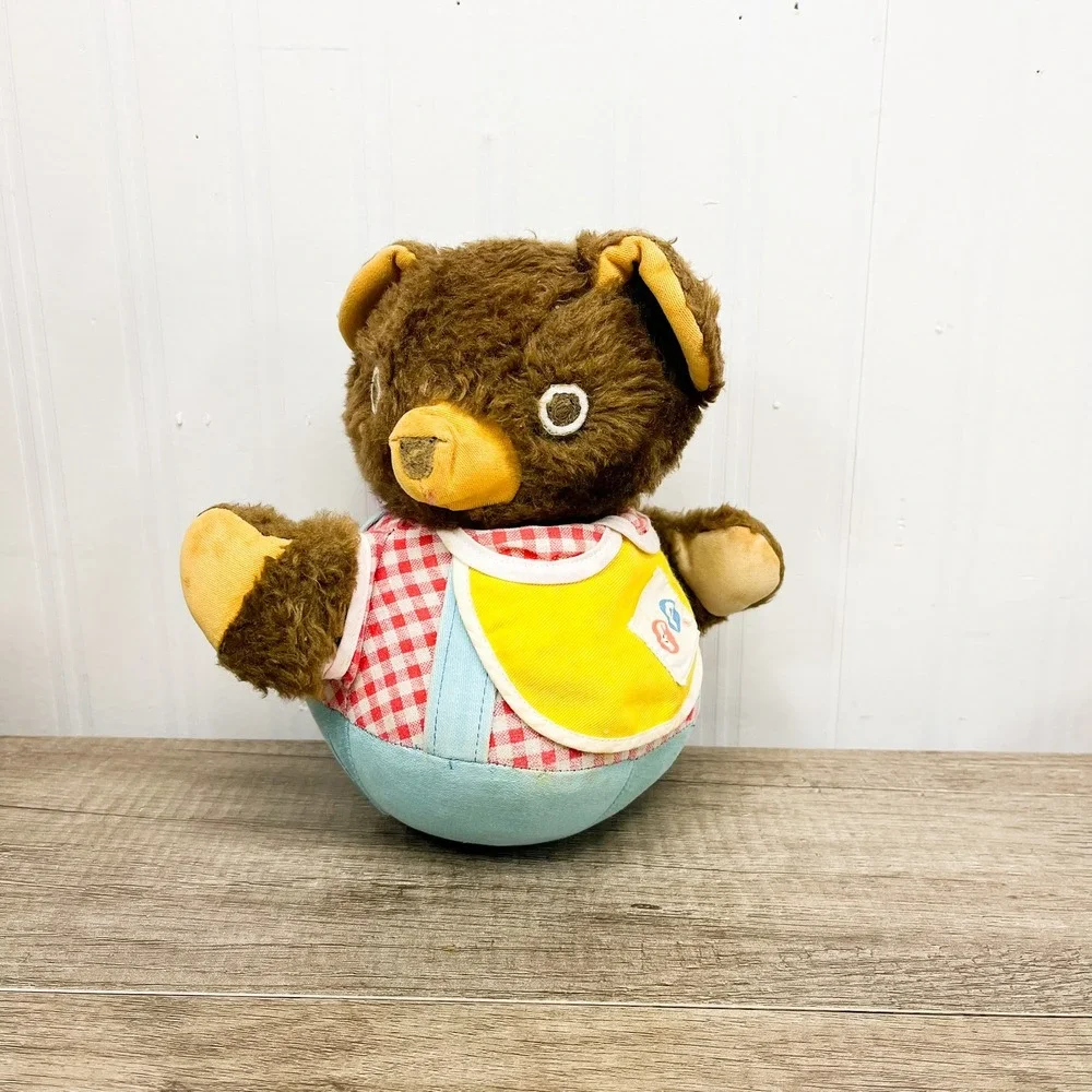 Vintage Fisher Price 719 Roly Poly Chime Bear Plush Wobble Toy 1970s Gingham Bib